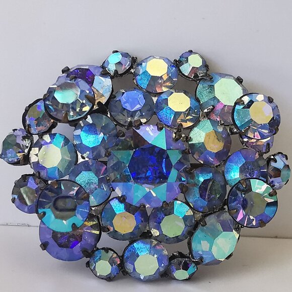 Vintage  TRIAD Multi Level Rhinestone Brooch- Blue Aurora - Picture 7 of 16
